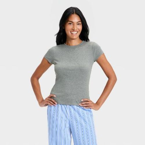 Women's Short Sleeve Ribbed T-Shirt - A New Day™ Gray L