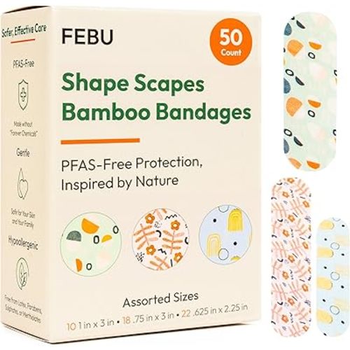 FEBU Shape Scapes Print Bamboo Fabric Bandages | PFAS Free Flexible Fabric Bandages | Natural Hypoallergenic Bandage for Scrapes, Cuts & First Aid | Compostable, Latex Free Bandage | 50 Count Strip