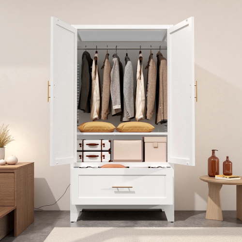ZIVACATE 60" Metal Wardrobe Cabinet with 1 Drawer & Hanging Rod, 2 Doors Storage Closet with Shelf for Bedroom, Office, Laundry Room for Adults, White