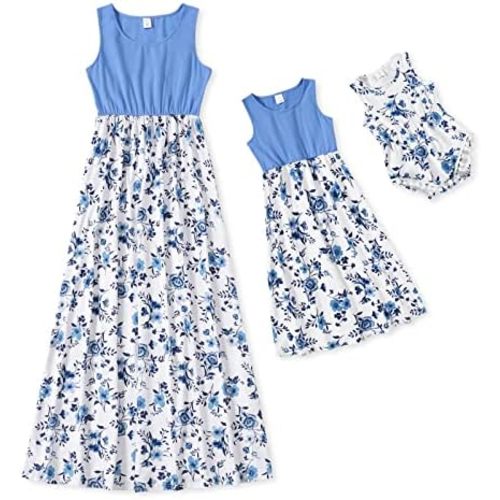 IFFEI Mommy and Me Dresses Matching Outfits Floral Printed Sleeveless Tank Maxi Dress for Mother and Daughter