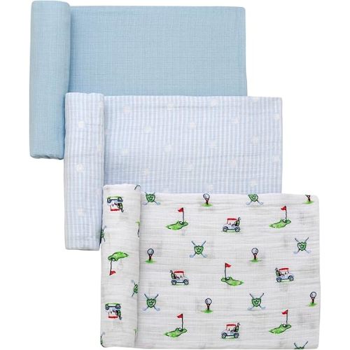3 Pack Cotton Muslin Swaddle Blankets for Baby, 40" x 36", Lightweight, Breathable, Blue, (Golf Print, Stripe, Solid)