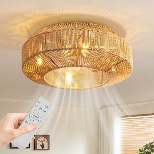Liwidu  20 in Golden Rattan Boho Caged Flush Mount Ceiling Fan with Light and Remote for Bedroom Living Room Kitchen(No Bulbs)