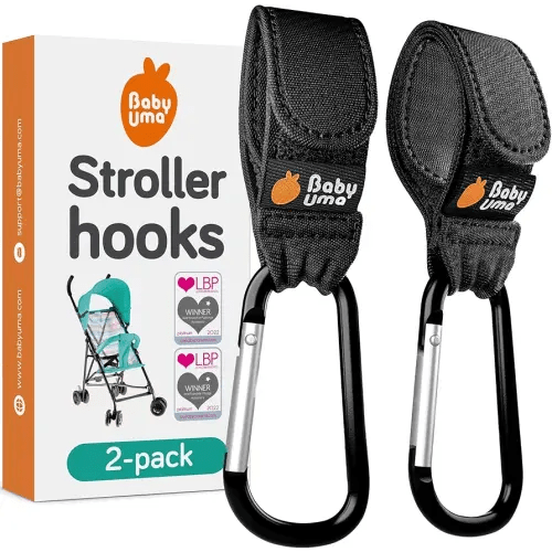 Baby Uma Stroller Hooks for Bags (2 Pack) - Universal Stroller Clips and Hooks, Non-Slip with One-Hand Opening, 11 lb Weight Capacity, Baby Travel Essential