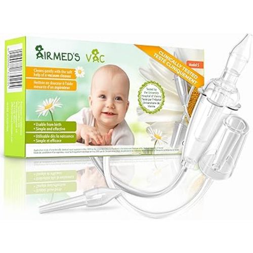 Airmed's Vac Nasal Aspirator Baby. CLINICALLY TESTED, SAFE and GENTLE. Baby nose sucker with 2 suction heads and cleaning brush. Safe and gentle baby nasal aspirator with strength of a vacuum cleaner