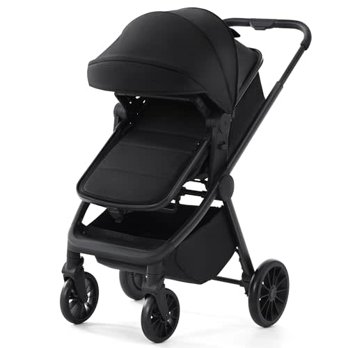 FDTQP 2 in 1 Convertible Baby Stroller Bassinet Pushchair with Reclining Seat Extra-Large Canopy Anti-Shock Foldable Stroller for Newborns and Toddlers 0-36 Months Black