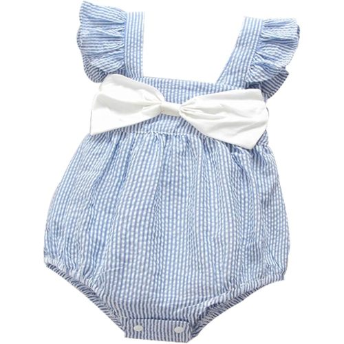 Ding-dong Baby Girl Summer Striped Triangle Romper(Blue Bowknot, 6-9M)