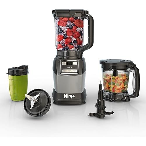 Ninja Blender, Compact Kitchen System, 1200W, 3 Functions for Smoothies, Dough & Frozen Drinks with Auto-IQ, 72-oz.* Blender Pitcher, 40-oz. Processor Bowl & 18-oz. Single-Serve Cup, Grey, AMZ493BRN