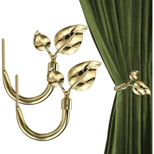 HIKMLK Leaf Shaped Curtain Holdbacks 2pcs, Handmade Metal Curtain Side Holders for Wall, Bright Gold Curtain Tieback Hook Pull Backs for Drapes Window Home Decoration (Gold)