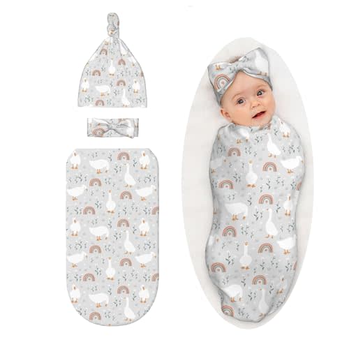 Sozzjile Cute Goose Baby Stuff Swaddle Blanket with Headband and Beanie Set, Rainbow Newborn Sleep Sacks Outfit Infant Shower Gift for Boys Girls