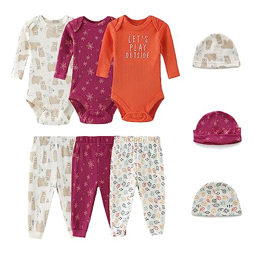 Ecojoy Baby Long Sleeve Bodysuits Newborn Clothes 9-Piece Jumpsuits Pant Hat Set for Boys and Girls