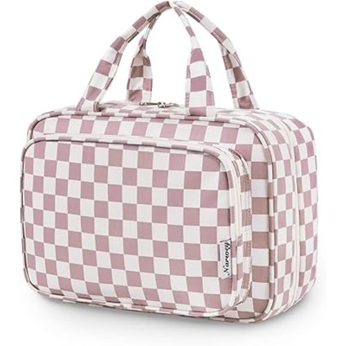Narwey Travel Toiletry Bag for Women Large Hanging Makeup Bag Organizer Toiletries Bag for Full Size Essentials Accessories Cosmetics (Dusty Pink Checkerboard (Large))