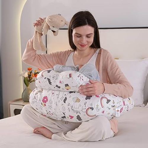 Nursing Pillow for Breastfeeding,Plus Size Baby Feeding Pillows with Removable Washable Cotton Slipcover, Adjustable Waist Strap,More Support for Mom and Baby
