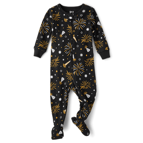 Baby And Toddler Matching Family New Year Snug Fit Cotton Footed One Piece Pajamas - Black