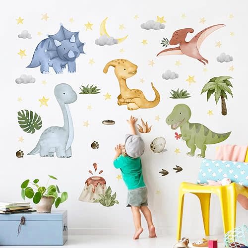Watercolor Baby Dinosaur Wall Decals Stickers, Dino Volcano Tropical