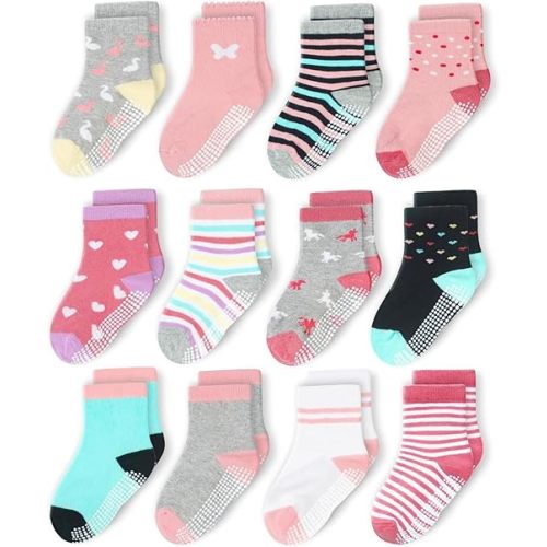 CozyWay Baby & Toddler Socks With Grippers Non Slip Crew Grip Socks for Girls and Boys Soft Comfy Cotton - 12 Pack