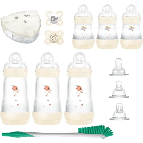 MAM Baby’s First Gift Feeding Set, Newborn Essentials Must Have for 0-3 Months, Self-Sterilizing Anti-Colic Bottles & Brush, Pacifiers, Skinsoft Silicone Nipples & Formula Dispenser, Unisex Set
