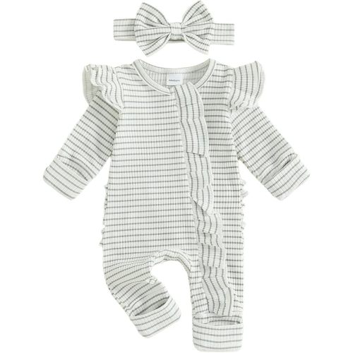 Baby Girl Coming Home Outfit Newborn Ruffle Onesie Long Sleeve Zipper Romper Jumpsuit Cute Clothes+Headband