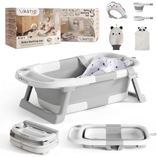 6-in-1 Collapsible Baby Bathtub Set with Thermometer, Foldable Infant Tub for Newborn to Toddler, Portable Bath Set with Cushion, Rinse Cup, Cap, Towel & Mitt, All-in-One Baby Bath Essentials
