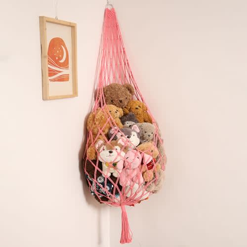 Amdermi Stuffed Animal Net or Hammock Corner Hanging Net for Stuffy Animal Storage Macrame Toy Display Plush Toy Holder Wall Pet Net for Nursery Kid Bedroom Decor Playroom Organizer (Pink)