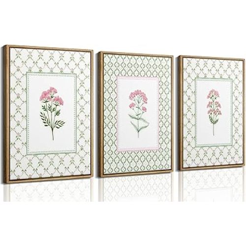 3Pcs Pink Green Floral Wall Art Wildflower Baby Room Painting Picture Wall Decor Pastel Botanical Poster Print Artwork for Bedroom Living Room Girls Bedroom Nursery Dining Room Home Decoration