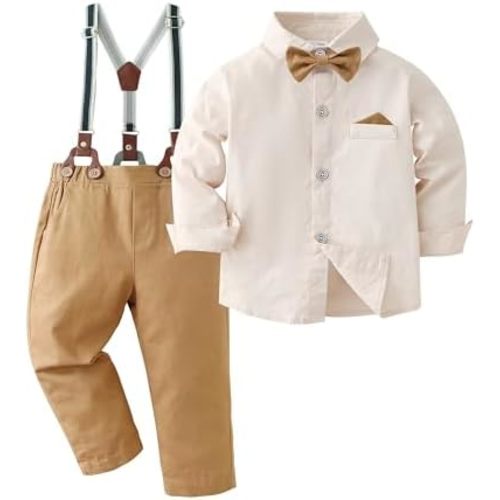 CARETOO Toddler Boy Clothes Suit Gentleman Wedding Outfits Kids Formal Dress Shirt Bowtie Long Suspender Pants Overalls 1-5T