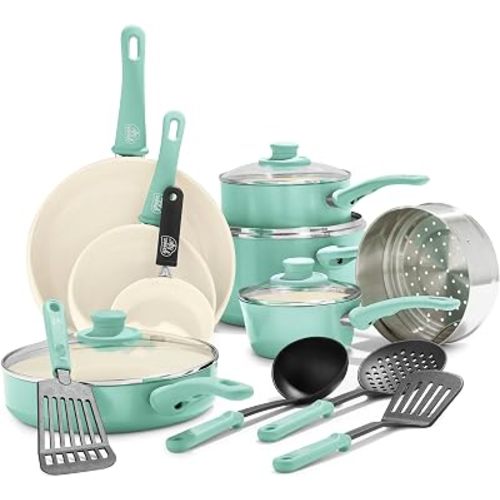 GreenLife 16 Piece Ceramic Nonstick Pots & Pans Cookware Set, Turquoise