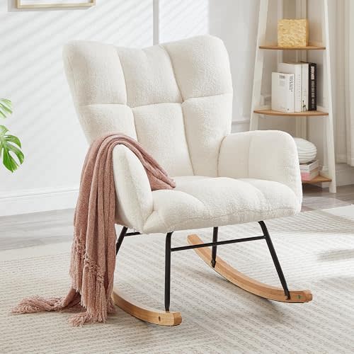 Nursery Rocking Chair, Teddy Tufted Upholstered Glider Rocker, Rocking Chair Indoor for Small Spaces with Metal Frame for Living Room Bedroom Nursery (Ivory)
