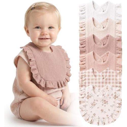 Konssy 6-Pack Muslin Baby Bibs for Girls