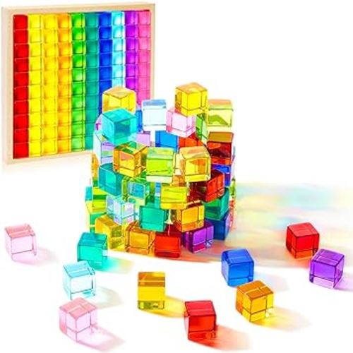 100 Pcs Acrylic Gem Cubes Blocks Translucent Rainbow Building Cubes Crystal Acrylic Cubes Educational Sensory Training Crystal Toys with Wooden Storage Boxes for Boys Girls Play
