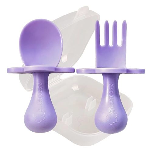 Grabease Baby Feeding Utensils Set - Infant and Baby Fork and Spoon for Ages 1-11 Months, BPAs and Phthalate-Free Cutlery, Plastic, 1 Set, Lavender