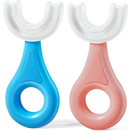 YOTEE U-Shaped Toothbrush Kids 2 PCS - Toddler Toothbrush with Food Grade Soft Silicone Brush Head, Manual Whole Mouth Tooth Brush for Kids Age 2-6(Blue+Pink)