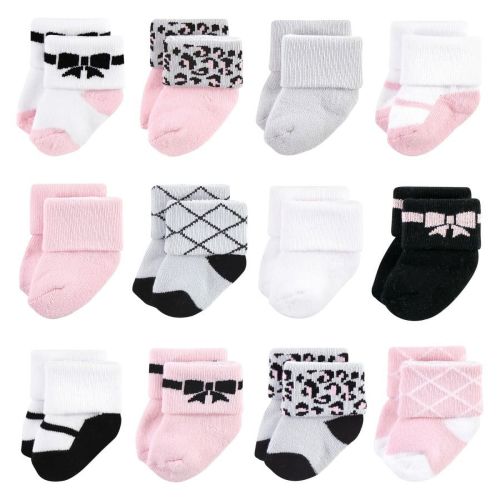 Hudson Baby Infant Girl Cotton Rich Newborn and Terry Socks, Bows 12-Pack, 6-12 Months