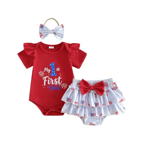 Baby Girl Outfit 4th of July Crew Neck Ruffle Short Sleeve Letters Firework Print Romper Layered Skort and Headband