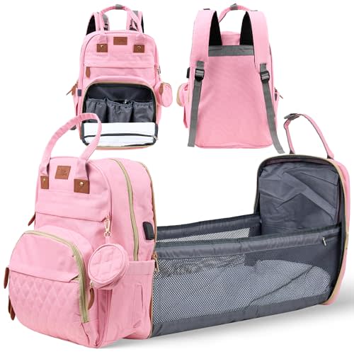 Diaper Bag Backpack with Changing Station – Large Baby Diaper Bag with 19 Pockets, USB Port, Waterproof, Insulated Bottle Holders, Stroller Straps – Travel Maternity Bag – Pink