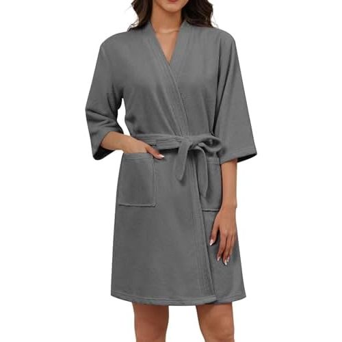 Ekouaer Women Terry Cloth Robes Absorbent Towel Robe Knee Length Soft Bathrobe 3/4 Sleeve Spa Robe with Pockets S-2XL