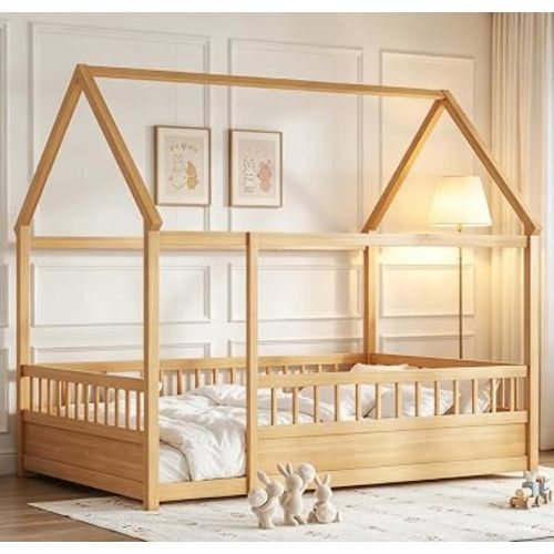 Bellemave Full House Floor Bed with Rail for Kids, Wood Montessori Floor beds with Window and a Small Shelf for Kids, Natural
