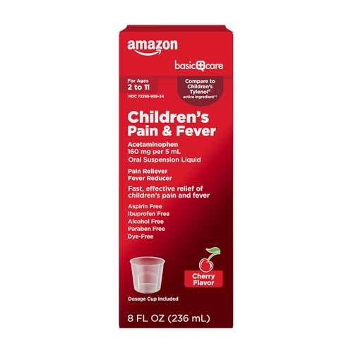 Amazon Basic Care Children's Pain and Fever, Acetaminophen 160 mg per 5 mL Oral Suspension, Dye-Free Cherry Flavor, 8 fl oz
