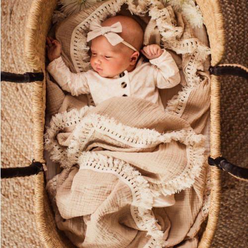 Fringe Swaddle Blanket - Tan