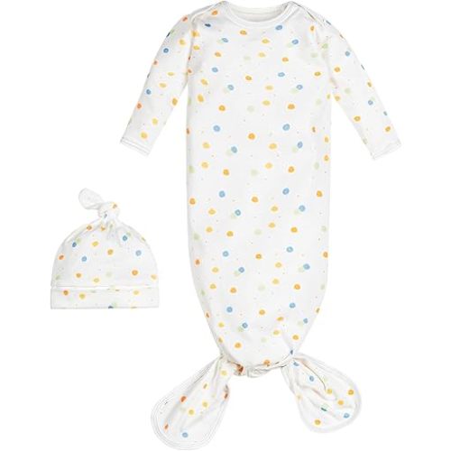Under the Nile Organic Cotton Knotted Gown and Beanie Set, Blue Dots. 0-3 Months