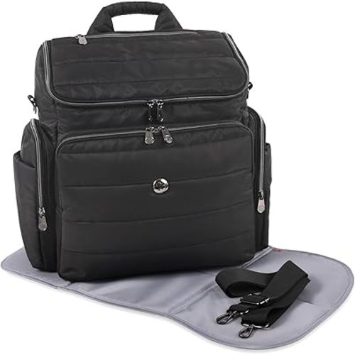 Fisher-Price Madison Crossbody Tote and Diaper Bag Backpack with Matching 6-Ply Fold Changing Pad, Insulated Bottle Pocket, Electronics Pocket, Stroller Straps and Dual Zipper Closure in Black