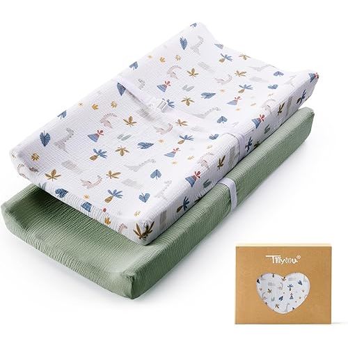 TILLYOU Muslin Changing Pad Cover for Baby Girls Boys, Soft and Breathable Cotton Diaper Changing Table Cover, 2 Pack(Dinosaur)