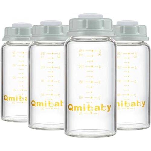 Baby Bottles,Wide Neck BPA Free Breast Milk Container 8oz Screw Ring Sealing Disk Re-markable Sealing Disc Fits Breast Pumps & Nipples Collection Bottles for Fridge (4 Gray Lids)