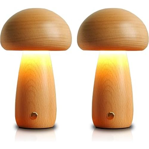 2 Pack Wooden Mushroom Lamp, Portable Cordless Touch Switch Small Rechargeable Battery Operated Lamp,Stepless Dimming,