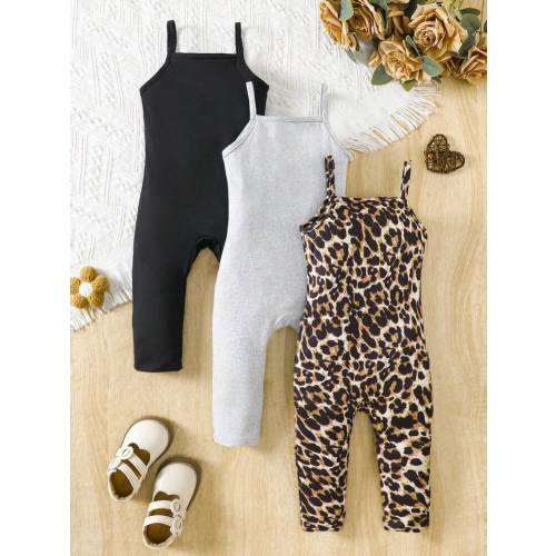 3pcs Baby Girls' All-Match Casual Camisole Set, Matching Family Style Ribbed Skinny Long Pants, Black+Heather Gray+Leopard Print Jumpsuit Chic Outfits For Autumn/Winter | SHEIN USA