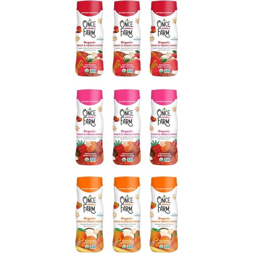Once Upon a Farm Organic Fruit & Veggie Puffs Variety Pack, Apple Sweet Potato, Strawberry Sweet Potato, Mango Carrot, Coconut In All, Non-GMO, Puffed Sorghum Fruit & Veggie Snacks, 1.5oz