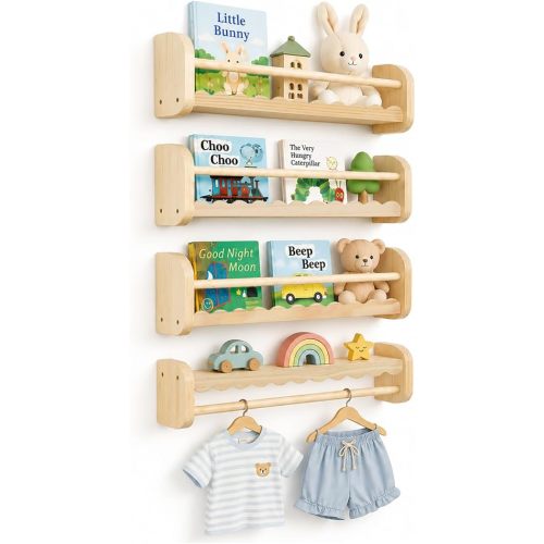 4-Pack Natural Wood Nursery Floating Shelves with Hanging Rod