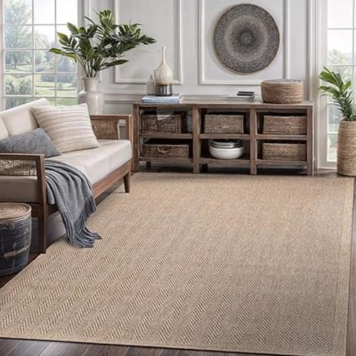 CAMILSON Easy Jute Rug 5x7, Indoor Outdoor Natural Color Fiber Area Rugs for Living Room Patio and Kitchen Rug Herringbone Seagrass Woven Design Easy-Cleaning Washable Outside Carpet Alfombras 5 x 7