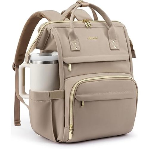 LOVEVOOK Laptop Backpack for Women with Giant Tumbler Holder Pocket,17 inch Waterproof Travel Backpack Purse Computer Laptop Bag,Large Professional Work College Nurse Teacher Backpack,Beige Apricot