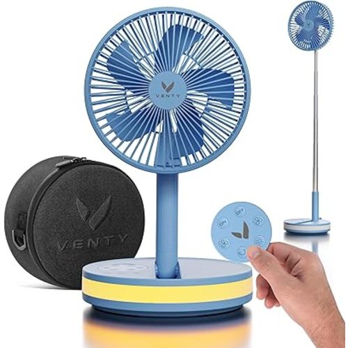 VENTY Portable Fan - Wireless Battery Operated Fan - 4 Speeds - LED Lighting - Carry Case & Remote Control - Cruise Travel - Outdoor Travel RV Power Bank With USB-C Port (Blue with Case)