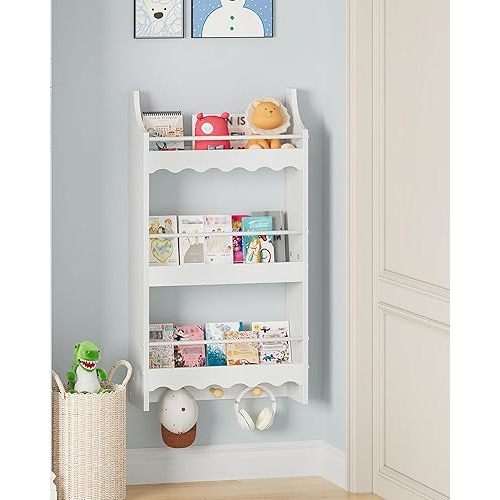 Wall Bookshelf for Kids, 3-Tier Kids Bookshelf for Wall, Floating Book Shelves with 3 Hooks & Guardrails, for Kids' Room, Living Room, Nursery, White and Natural MCW43WB